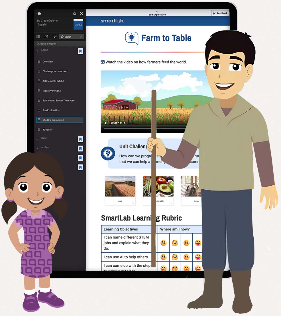 Ana beside her father and the Harvest Hauler Unit