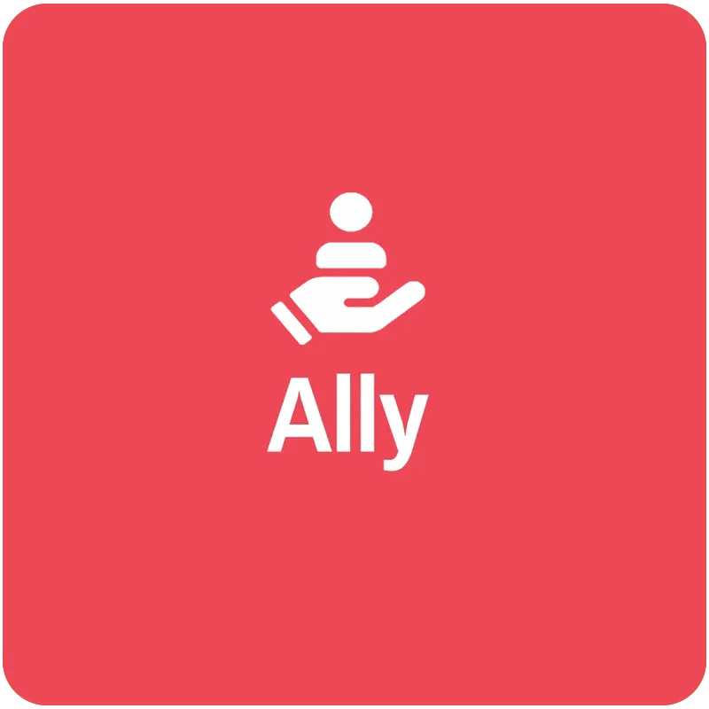 White icon of a hand holding a person above the word "Ally" on a red background.
