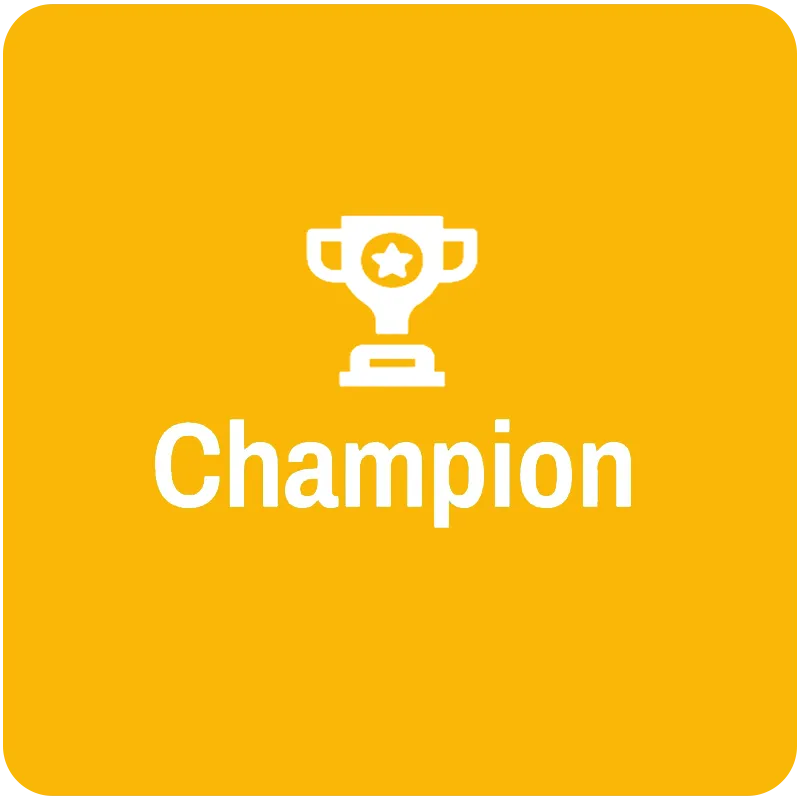 White trophy icon with a star and the word "Champion" on a gold background.