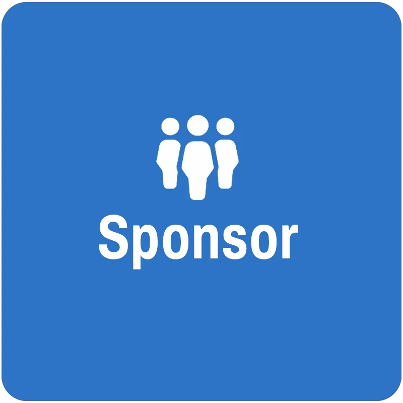 White icon of three people with the word "Sponsor" on a blue background.