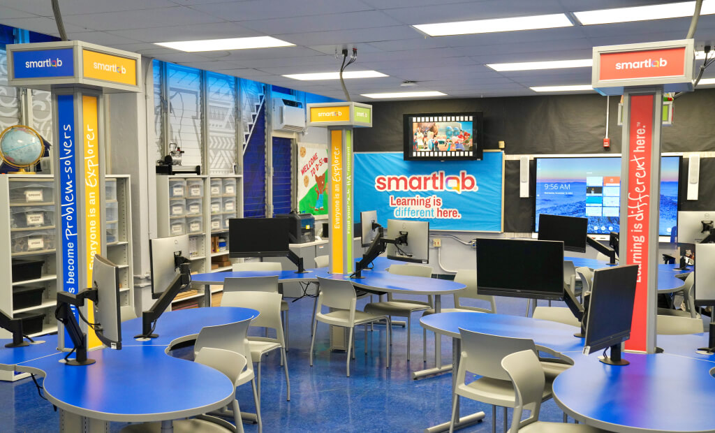 a smartlab classroom with computer stations and blue desks
